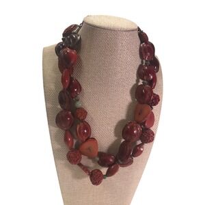 Artisan Natural Seed Tagua Nut Carved Cinnabar Bead Long Boho Necklace